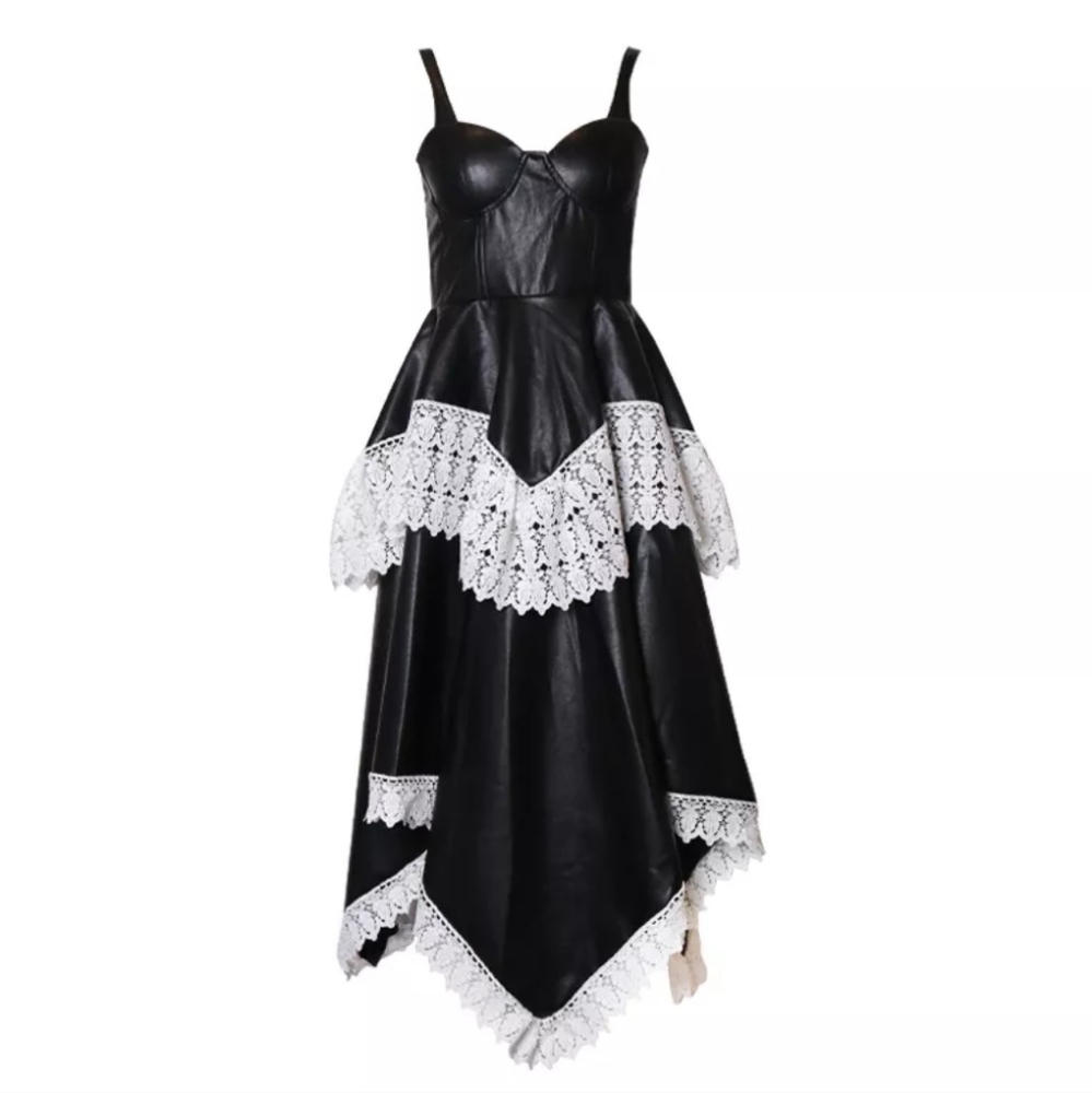 Leather tiered lace cocktail dress